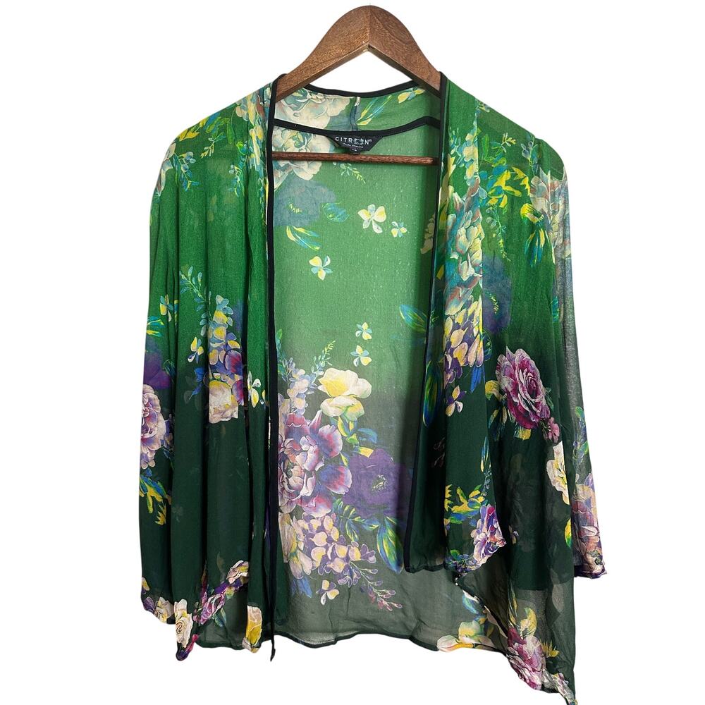 Citron Santa Monica 100% Silk  Kimono Cardigan Green Floral Artsy Womans XS